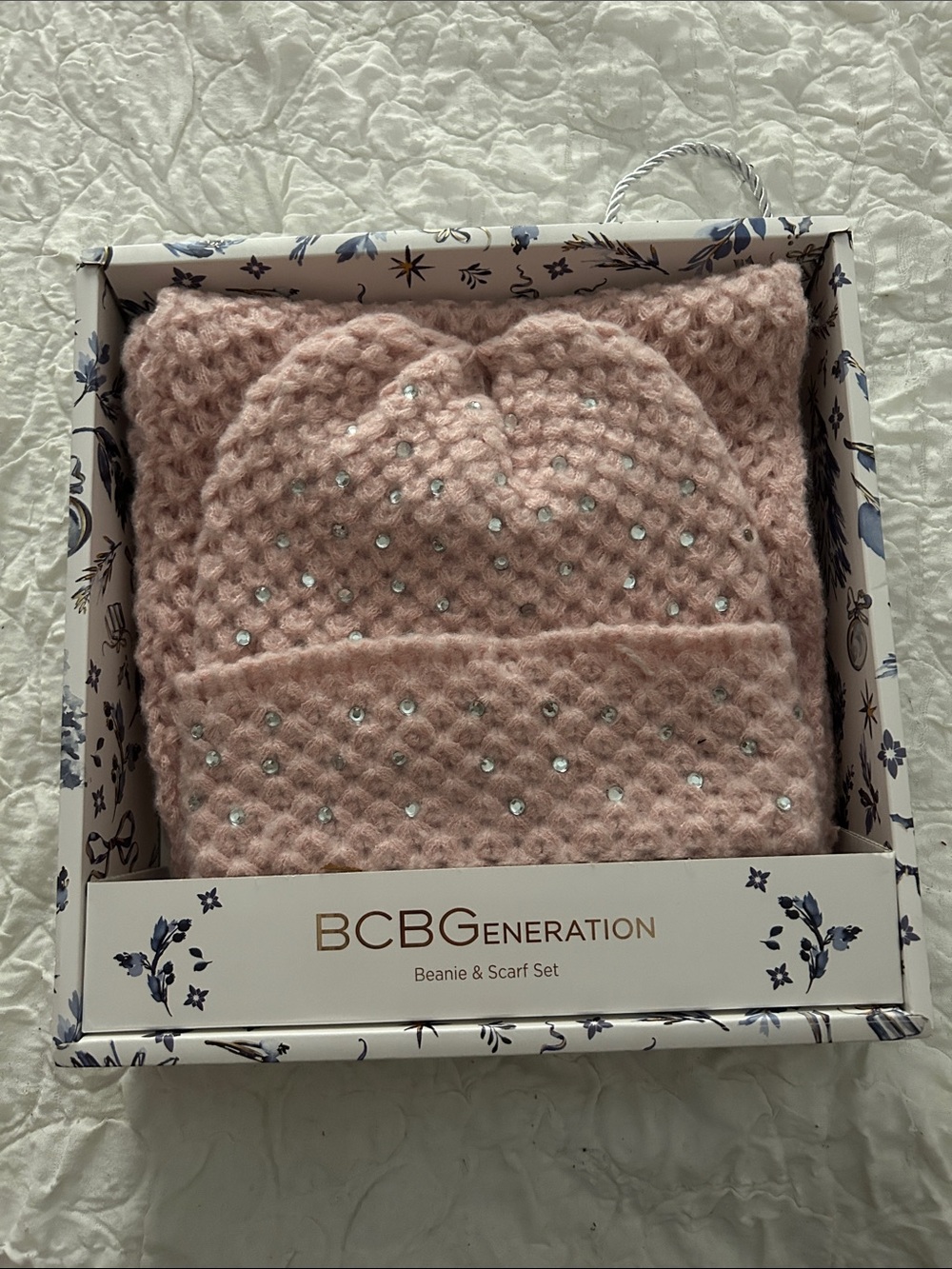 BCBGeneration Blush Pink Knit Beanie & Scarf Set with Rhinestones